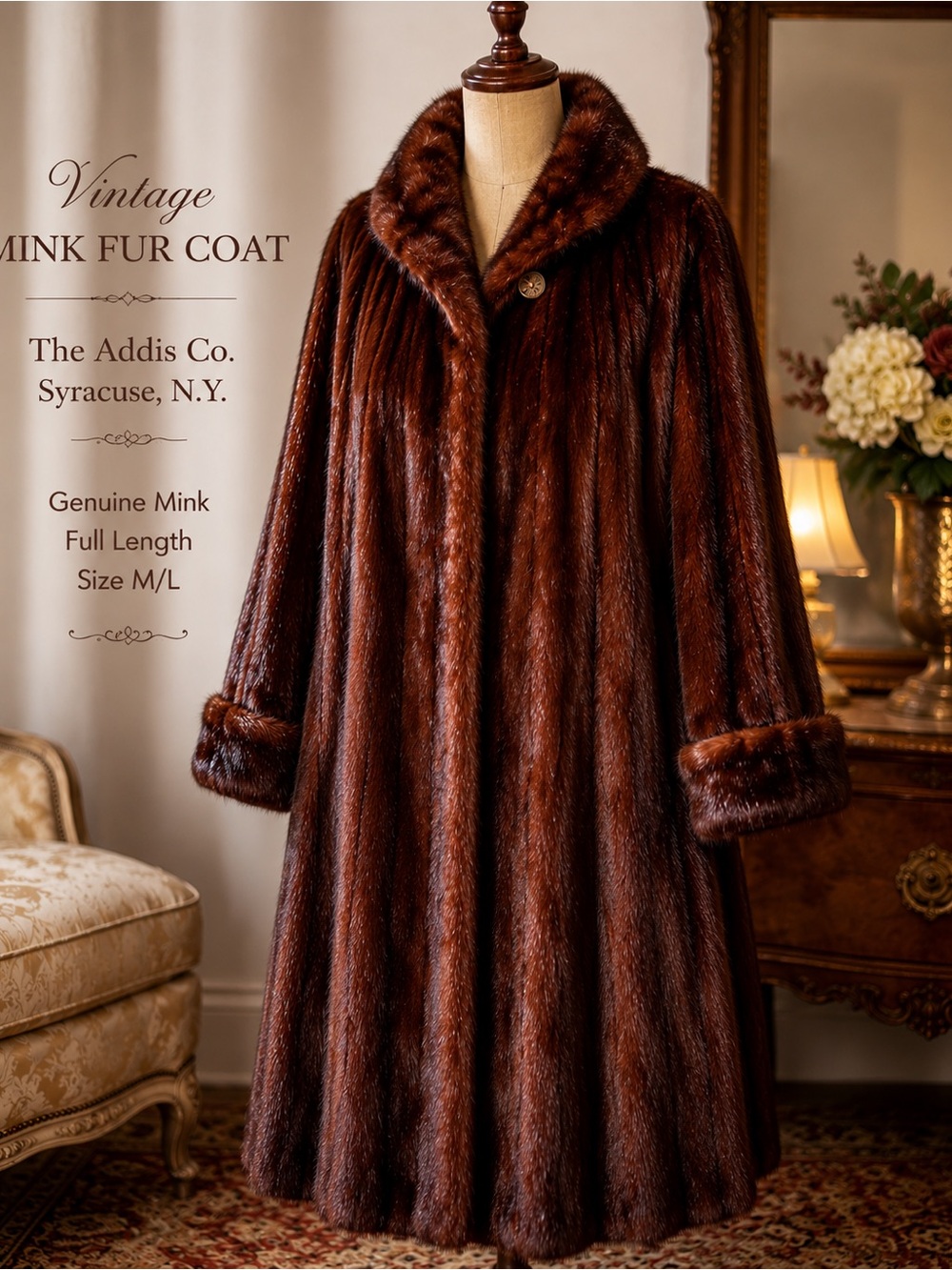 Vintage Genuine Mink Fur Coat Mahogany Brown Full Length M/L